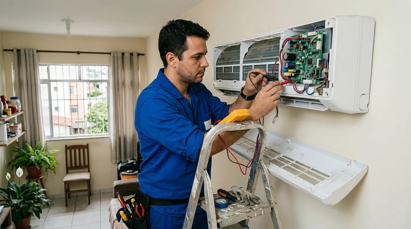 Eletricista ligando a placa do ar-condicionado split em Blumenau‑SC